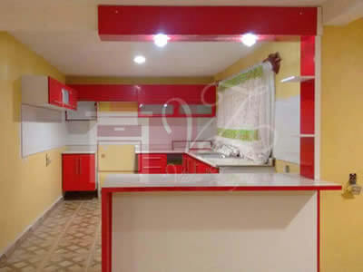 Cocina integral de melamina brillante de color rojo con barra